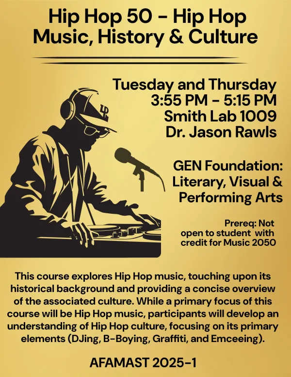 This is a flyer for hip hop music, history, and culture